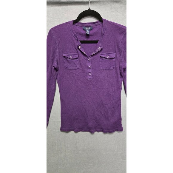 Y2K Purple Henley Long Sleeve Thermal Cotton Top Snap Buttons Womens L - Picture 5 of 8